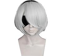 NEZIH Nier: Automata 2B Yorha No. 2 Tipo B Heroine Corta Plata Blanco Bobo Resistente Al Calor Cosplay Peluca (No Incluye Parche De Ojo) Adecuado para La Fiesta De Halloween, con Gorro De Peluca