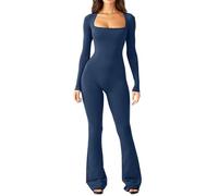 NEZIH Women's Long Sleeve Square Neck Wide Leg Jumpsuit Full Length Sexy Bodycon Romper Yoga Workout Playsuit (S,Blue)
