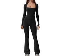 NEZIH Women's Long Sleeve Square Neck Wide Leg Jumpsuit Full Length Sexy Bodycon Romper Yoga Workout Playsuit (L,Black)