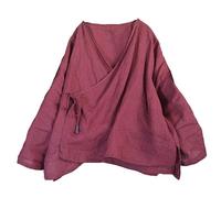 NFYM Cárdigan tipo kimono Hanten para mujer, manga larga, parte delantera cruzada, algodón, lino, retro, disfraz de Hanfu, camisa irregular, Rojo Profundo, Talla única