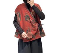 NFYM Chaleco con forro de algodón para mujer, estampado de flores, cárdigan sin mangas, para primavera, otoño, vintage, para exteriores, Rojo -, Talla Única