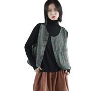 NFYM Chaleco de algodón y lino para mujer, estilo vintage, con botones, sin mangas, holgada, informal, con bolsillos, Verde oscuro, Talla única