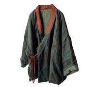 NFYM Chaqueta corta acolchada de algodón para mujer Kimono Cardigan Wrap Front Chinese Hanfu Style Impreso Patchwork Loose Outwear, Verde oscuro, Talla única