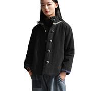 NFYM Chaqueta corta ligera acolchada para mujer con cuello alto, ropa de abrigo de algodón y lino acolchado estilo chino Tang Suit, Negro, Talla única