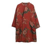 NFYM Chaqueta de algodón para mujer, estilo kimono suave, acolchada, con estampado de flores, abrigos largos y holgados con bolsillos (as1, alpha, talla única, plus, regular, rojo), Rojo -, Talla