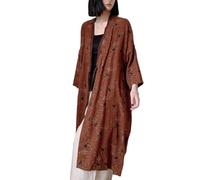 NFYM Chaqueta Kimono Ligera para Mujer de Hilo de Algodón Estampada con Cordones Vintage Suelta Cárdigan Abierto por Delante Gabardina Abrigo Exterior, Café, Talla única