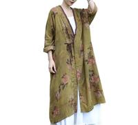 NFYM Chaqueta Kimono Ligera para Mujer de Hilo de Algodón Estampada con Cordones Vintage Suelta Cárdigan Abierto por Delante Gabardina Abrigo Exterior, Verde, Talla única