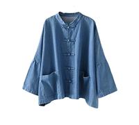 NFYM Chaqueta vaquera para mujer, manga larga, estilo vintage, hecha a mano, con botones de rana, holgada, de gran tamaño, Azul claro, Talla única