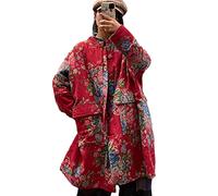 NFYM Mujeres Long Jacket Abrigos Flores Impreso Ligero Manga Larga Suelto Grandes Bolsillos Vintage Trench, Rojo, Talla única