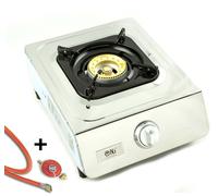 NGB-100 Acero Inox Cocina de Gas 1 Fuegos Camping Wok + Gasschlauch-Regler Set