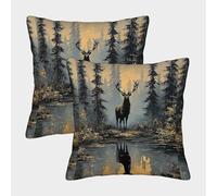 NGGADIWEG Ciervo en el Bosque Estilo de Pintura de Fauna Silvestre Funda Almohada 3D Personalizada con Diseño, Transpirable Y Lavable, Cumpleaños, Navidad Y Madres 45x45cm