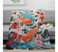 NGGADIWEG Estampado 3D Koi Fish Manta de Cama Microfibra Ropa de Cama retiene el Calor Japanese Wave Arte Manta de sofá Lavable no desprende Pelusa para Toda la Familia 40x50inch(100x130cm)
