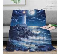 NGGADIWEG Estampado 3D Lighthouse at Night Manta de salón Microfibra Ropa de Cama no desprende Pelusa Coastal Seascape Plaid de salón cálido para Regalos para el hogar 70×80inch(180x200cm)