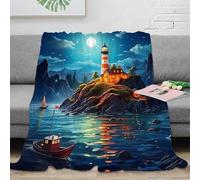 NGGADIWEG Estampado 3D Lighthouse Night Manta de Oficina Microfibra Ropa de Cama compacta Acogedor Coastal Scene Manta de Siesta Suave y cálida Lavable para pausas 70×80inch(180x200cm)