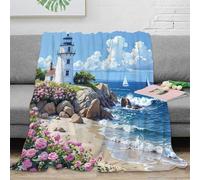 NGGADIWEG Estampado 3D Lighthouse Seaside Manta de Oficina Microfibra Ropa de Cama Transpirable Coastal Pintura Plaid de Oficina Anti-Bolitas para jóvenes en Oficina Moderna 80×90inch(200x230cm)