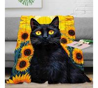 NGGADIWEG Estampado 3D Negro Gato Manta de habitación Microfibra Ropa de Cama Lavable Sunflower Field Arte Manta de Cama Anti-Bolitas para jóvenes en habitación 70×80inch(180x200cm)