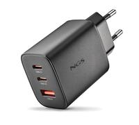 NGS ERA 65W Black - Cargador GAN 65W con 2 USB-C (PD & PPS) y USB-A QC 3.0, Carga Rápida Inteligente, Doble y Triple Puerto, Compacto y Portátil, Compatible con Smartphones, Tablets y Laptops