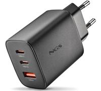 NGS ERA 65W Black - Cargador GAN 65W con 2 USB-C (PD & PPS) y USB-A QC 3.0, Carga Rápida Inteligente, Doble y Triple Puerto, Compacto y Portátil, Compatible con Smartphones, Tablets y Laptops