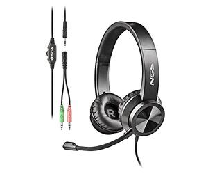 NGS MSX11 Pro - Auricular Stereo Micrófono Ajustable, Conexión Jack 3.5mm y Adaptador Doble Jack, 20 Hz, Negro