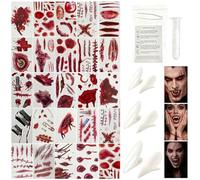 Nhgkju Juego de 20 adhesivos de vampiro para Halloween con sangre artificial, pegamento especial, efecto teatro, color blanco y rojo