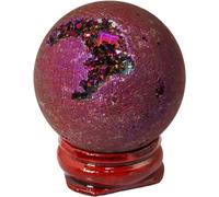 NHKSFBLQ 40mm Titanium Coated Agate Geode Crystal Sphere Ball with Wooden Stand, Purple Quartz Stone Sphere Gift Ornament for Room Office Decor