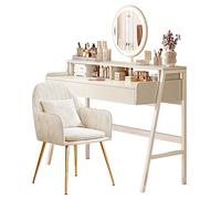 NHPJFDC Tocador con Luces, Escritorio con cajones, Mesa de Maquillaje con Espejo Iluminado, Juego de tocador con 3 Colores de iluminación y Brillo Ajustable para Dormitorio o Estudio, Color Blanco.