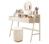 NHPJFDC Tocador con Luces, Escritorio con cajones, Mesa de Maquillaje con Espejo Iluminado, Juego de tocador con 3 Colores de iluminación y Brillo Ajustable para Dormitorio o Estudio, Color Blanco.