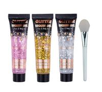 NHPY 3 piezas de gel brillante corporal, incluye un pincel de maquillaje, gel líquido con brillo, para el rostro, cabello, labios, festividades, fiestas de celebración y eventos especiales.