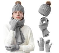 NHTJTHE Gorro, bufanda y guante para hombre, guantes para pantalla táctil, bufanda 3 en 1, como regalo en frío invierno gris