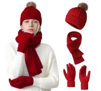 NHTJTHE gorro, bufanda y guantes conjuntos para mujer,Mujeres Sombrero Bufanda y Pantalla táctil Guantes Set,Cálido Acogedor Bufanda Invierno Set Rojo