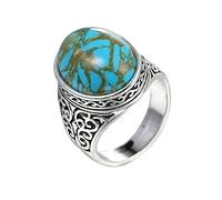 NHYHEHMR Plated 18K White Rings Women, Promise Engagement Rings for Her Vintage Pattern Oval Shape Turquoise Vintage Wedding Band