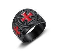 NHYHEHMR Vintage Black & Red Stainless Steel Red Armor Shield Templar Knight Crusader Cross Punk Ring Amulet Masonic Jewelry Gift
