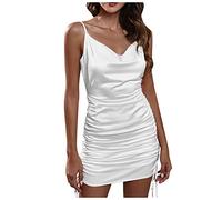 Ni_ka Vestido Mujer Sexy Club Libertin Vestidos Cortos Escote en V Chic Tirantes Vestidos Color Sólido Espalda Descubierta Vestido Verano Negro Blanco Talla XS XL, blanco, M