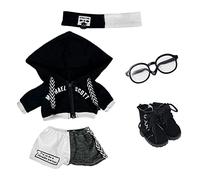 niannyyhouse Ropa de muñeca de felpa de 15 cm, traje suelto en blanco y negro, con capucha, pantalones, gafas, zapatos, vestido de muñeca (negro, 15 cm)