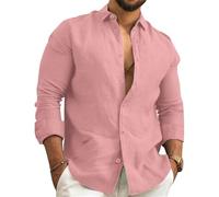 NIBESSER Camisa Lino Hombre Manga Larga Camisa Verano Hombre Elegante Camisa Slim Fit Hombre Casual Transpirable Camisas con Cuello Clásico con Botónes para Vacaciones Mar Playa, Rosa, L