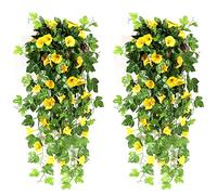 NIBESSER Flores Colgantes Artificiales Decoracion 2 Piezas Gloria de La Mañana Artificiales Decorativas 90 cm Plantas Artificiales Exterior para Pared Jardín Balcón Patio Boda, Amarillo
