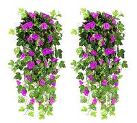 NIBESSER Flores Colgantes Artificiales Decoracion 2 Piezas Gloria de La Mañana Artificiales Decorativas 90 cm Plantas Artificiales Exterior para Pared Jardín Balcón Patio Boda, Fucsia Morado