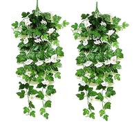 NIBESSER Flores Colgantes Artificiales Decoracion 2 Piezas Gloria de La Mañana Artificiales Decorativas 90 cm Plantas Artificiales Exterior para Pared Jardín Balcón Patio Boda, Blanco