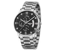 NIBOSI Reloj analógico de cuarzo para hombre, cronógrafo, acero inoxidable, para negocios, deportes, militar, resistente al agua, para el tiempo libre, fecha, A07 Silver Black