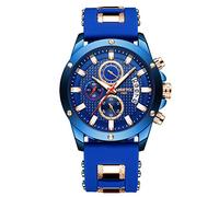 NIBOSI Reloj de pulsera con cronógrafo, esfera azul, correa de silicona, detalles en oro rosa, impermeable, elegante, elegante, elegante, moderno, casual, deportivo, fecha, de moda, de lujo, de cuarzo