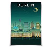 Nice Captain Póster de 100 ciudades con vista nocturna, famosas impresiones de ciudad de viaje, póster de viaje de sitios turísticos globales, arte de pared para decoración del hogar (Alemania Berlín)
