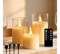 NICE POINT Vela LED sin llama, vela recargable de cera real con control remoto y temporizador, mecha de lágrima mejorada, velas electrónicas de vidrio transparente blanco para decoración de