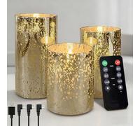 NICE POINT Velas LED sin llama, recargables, de cera real, con mando a distancia y temporizador, mecha giratoria, velas electrónicas de cristal transparente dorado (paquete de 3)