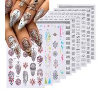 NICENEEDED 10 Hoja de Pegatinas para Uñas Estilo Boho Vintage, Calcomanías Autoadhesivas para Uñas Estilo Bohemio Tótem 3D Suministros de Uñas Coloridos con Motivos