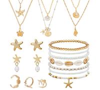NICENEEDED 20 Juego de Joyas de Concha Y Estrella de Mar, Pendientes de Concha Marina, Anillos, Collar Bohemio con Dijes En Capas