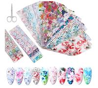 NICENEEDED 20Pcs Spring Flowers Nail Foil Transfer Sticker, Diseño de Flores de Verano Pegatinas de Arte de Uñas, Calcomanías de Envolturas de Uñas con Tijeras para Mujeres Y Niñas Nail DIY