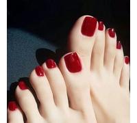 NICENEEDED 24 PCS Prensa Roja En Uñas Postizas para Dedos de los Pies, Pegamento Corto En Uñas Acrílicas, Barra Artificial Brillante En Uñas Postizas