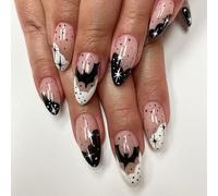 NICENEEDED 24 pieza de Uñas Postizas de Halloween, Uñas Postizas Medianas Almendras Press On Nails con Diseño de Murciélago, Uñas Artificiales Francesas Uñas Acrílicas Brillantes