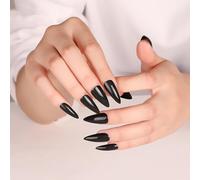 NICENEEDED 24 Uds Uñas Postizas de Almendra Negra, Prensa Larga Sobre Uñas Uñas Postizas Brillantes Color Sólido, Uñas Acrilicas
