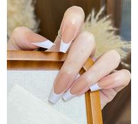 NICENEEDED 24PCS White French Tip Press on Nails, Long Coffin Fake Nails Reusable False Nails with Design, Glossy Acrylic Stick on Nails for Women